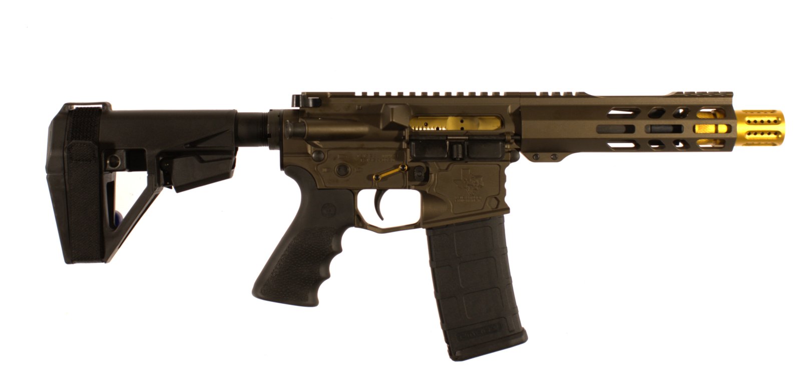 AR-15 7.5” Pistol – Gold Trim, Midnight Bronze BCG, SBA5